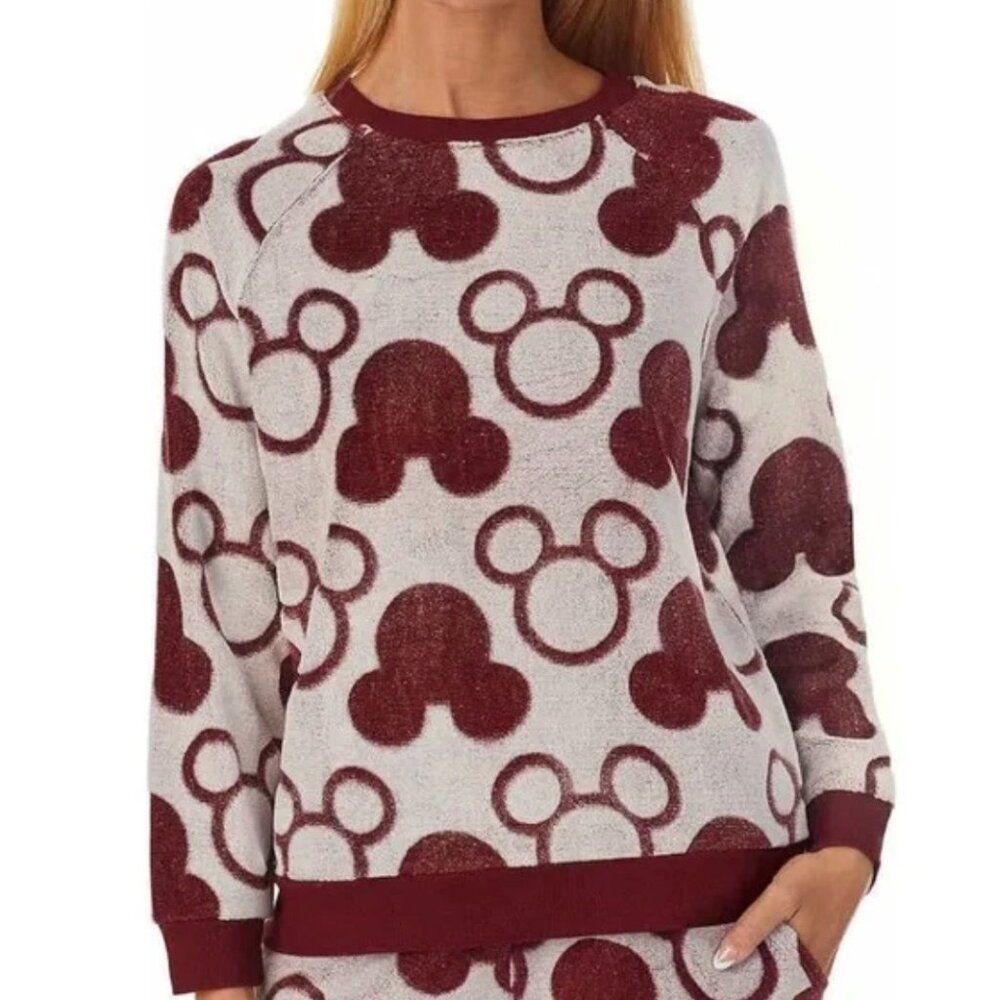 Disney Mickey Mouse Maroon & Cream Fleece Sweatshirt Women's Pullover XL